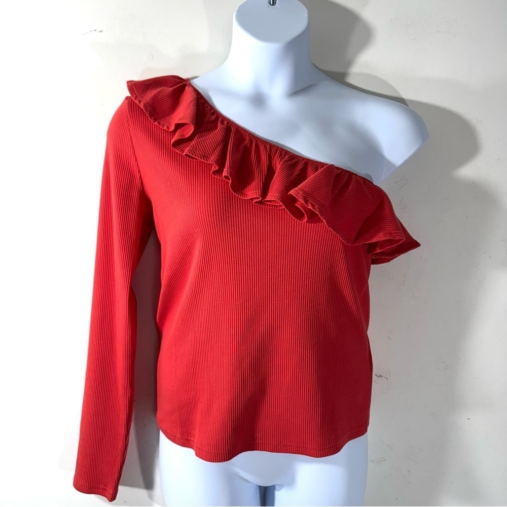 J. Crew One Shoulder Ruffleneck Top Vintage Rib Wolfberry Red Women's Size L NWT